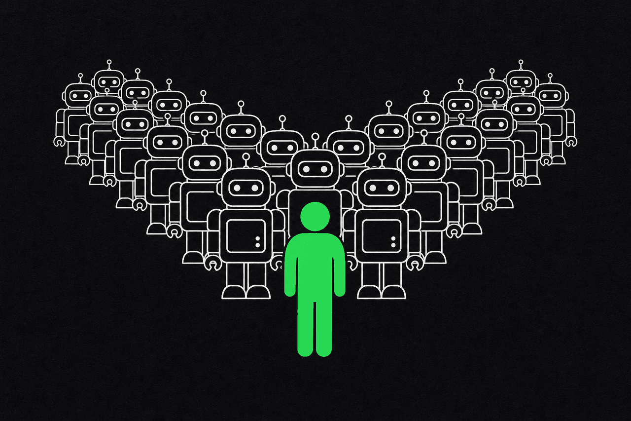 One solid green figure at the front of a formation of outlined robot agents, the one-man army