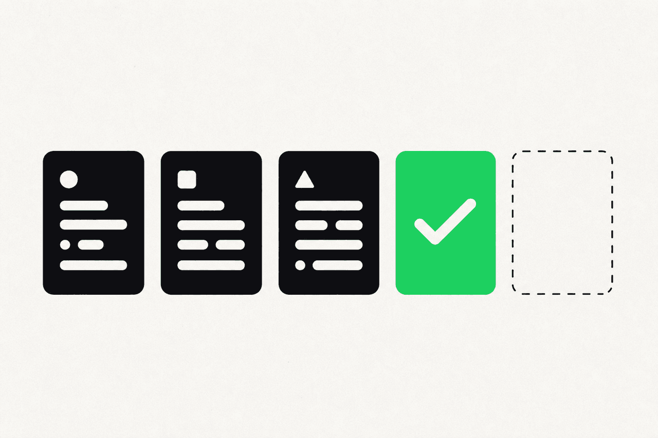 A row of lesson cards with one checked off in green and the next still a dashed outline