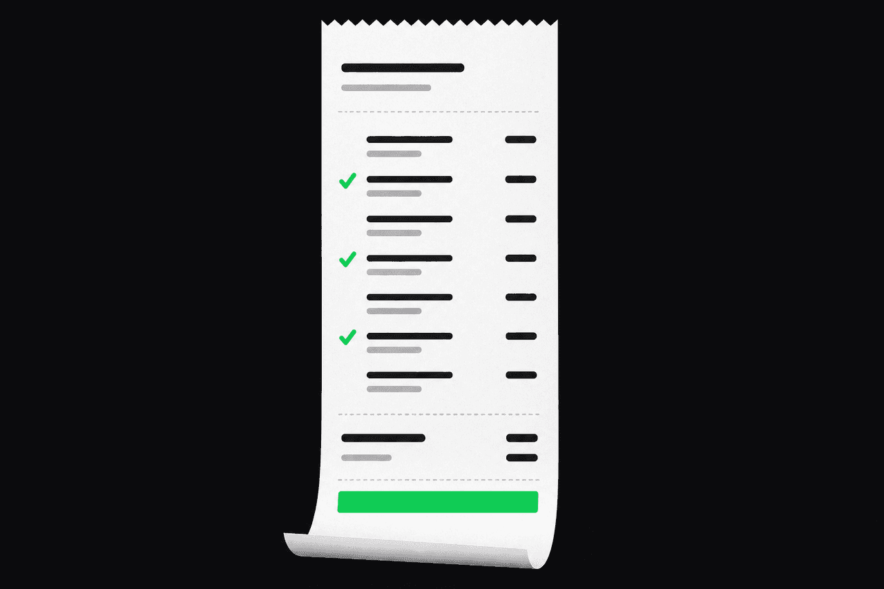 A tall paper receipt with line items checked off in green and a green total bar